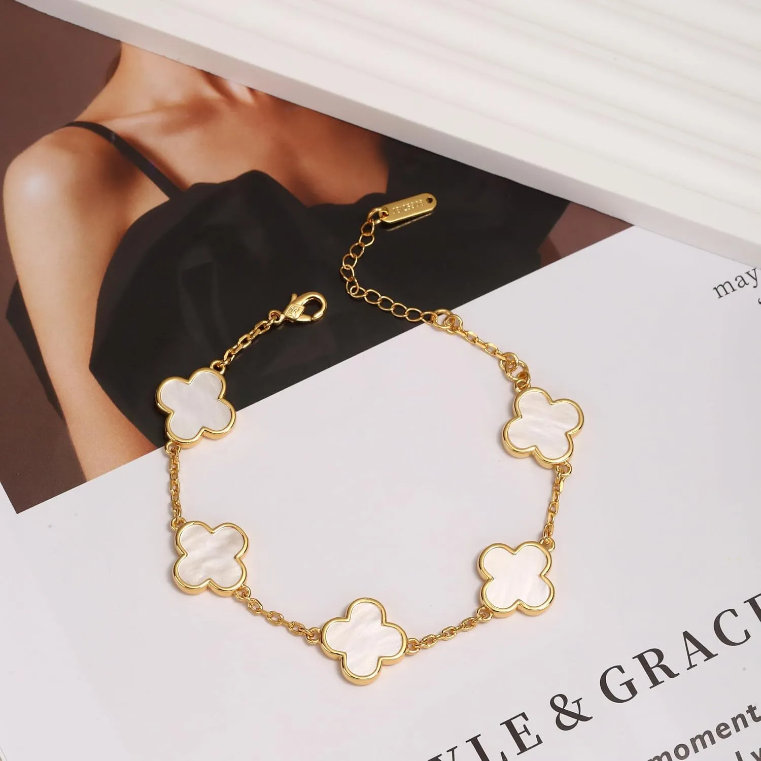 18K Gold Plated Clover Bracelet for Women, Four Leaf Clover Lucky Charm Bracelet, Adjustable Dainty Jewelry Gift for Her, Elegant Gold Fashion Bracelets for Birthday, Anniversary, Mothers Day