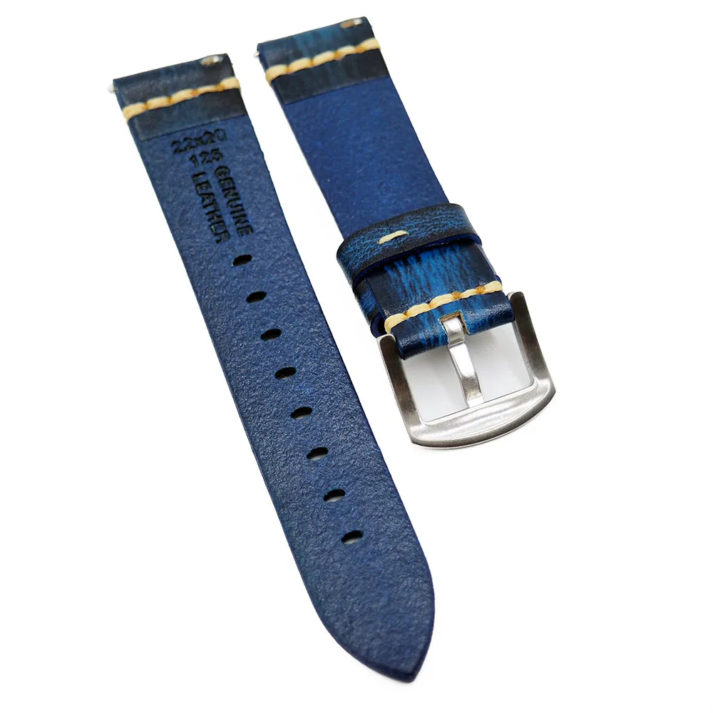 18mm, 22mm Blue Calf Leather Vintage Watch Strap, Quick Release Spring Bars