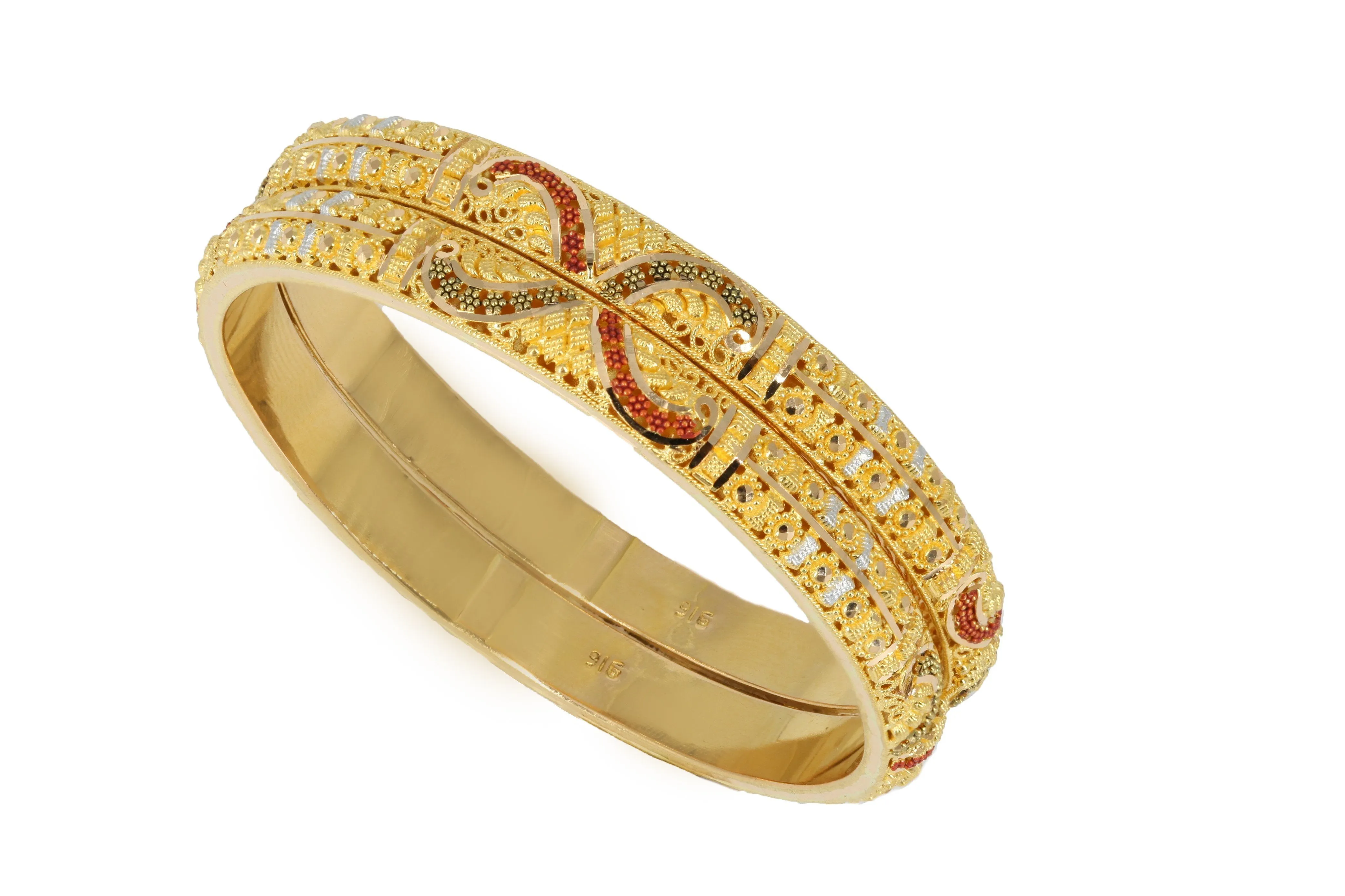 22K Multitone Gold Floral Filigree Bangles Set of Two