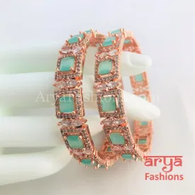 2.6 size Rose Gold Mint Green Stone Bangles, Pair of 2 Bangles