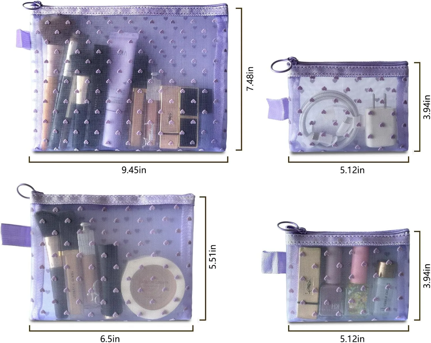 4-Piece Heart Printed Mesh Makeup Bag Set, Portable Travel Mesh Cosmetic Bags Toiletry Bags Makeup Purse Bags Mesh Zipper Storage Pouches for Home Offices Travel Accessories (Light Purple)
