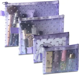4-Piece Heart Printed Mesh Makeup Bag Set, Portable Travel Mesh Cosmetic Bags Toiletry Bags Makeup Purse Bags Mesh Zipper Storage Pouches for Home Offices Travel Accessories (Light Purple)