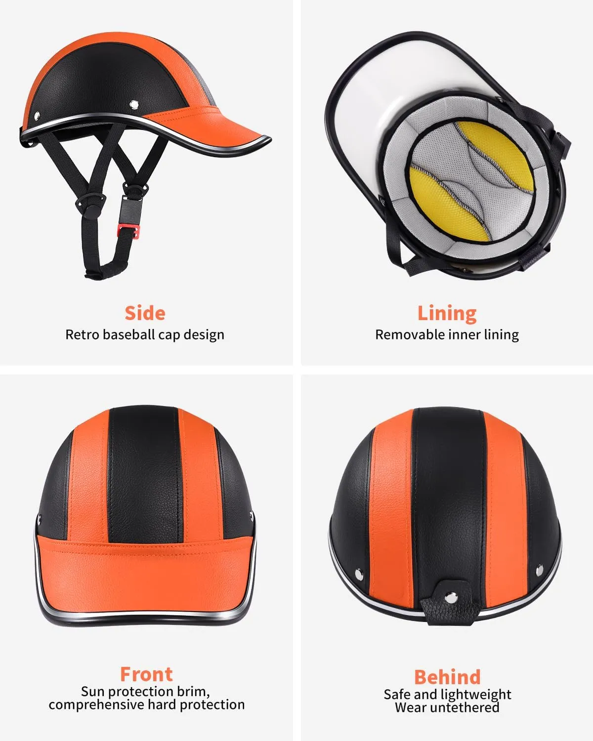 Adult Baseball Cap Helmet - Urban Style PU Retro Leather Hat for Golf, Low Profile Urban Commute Helmet for Men & Women