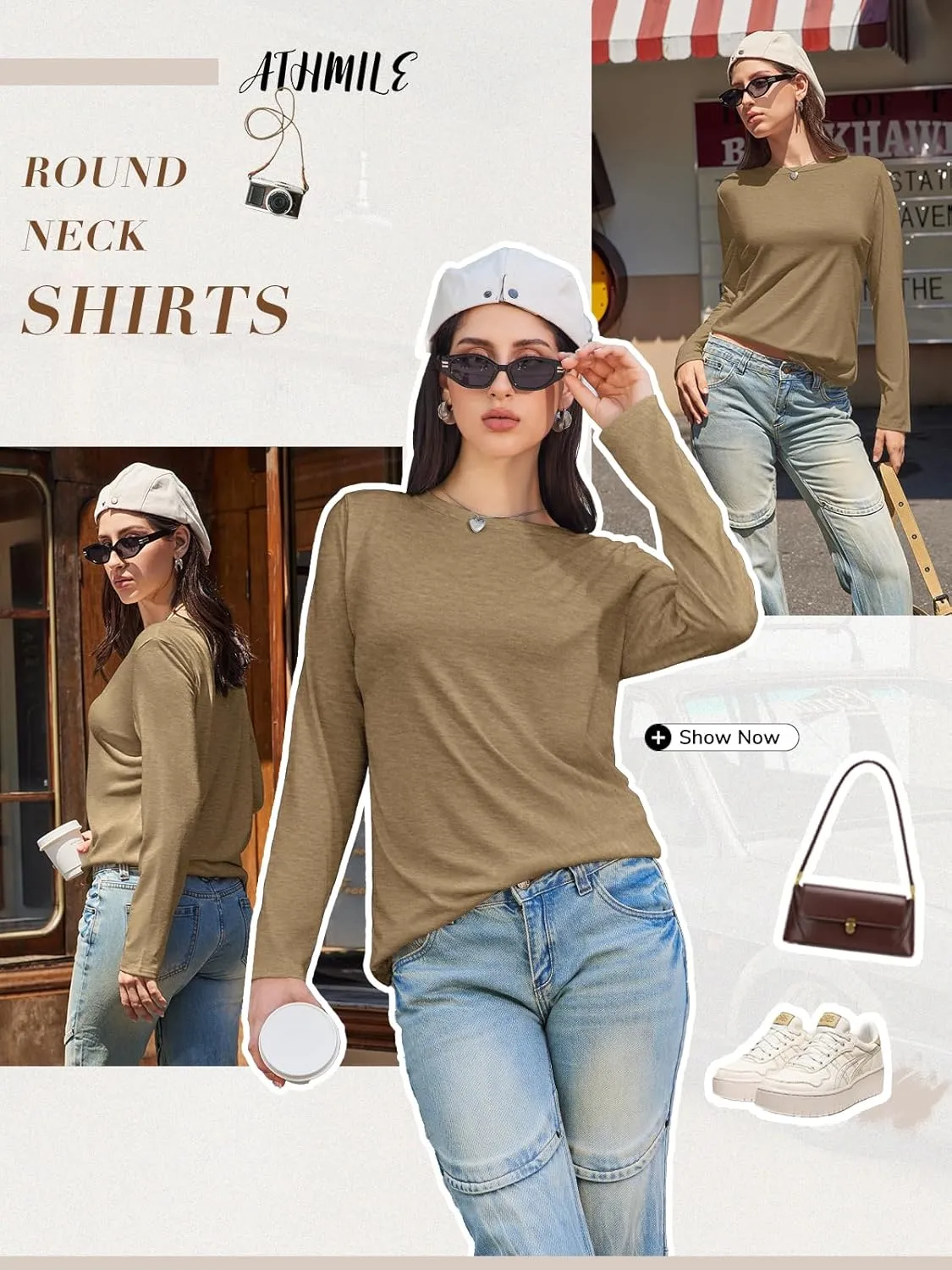 ATHMILE Womens Long Sleeve Shirts Basic Tee Fall Trendy Spring Top Business Casual Beach Vacation Workout 2025 Fashion