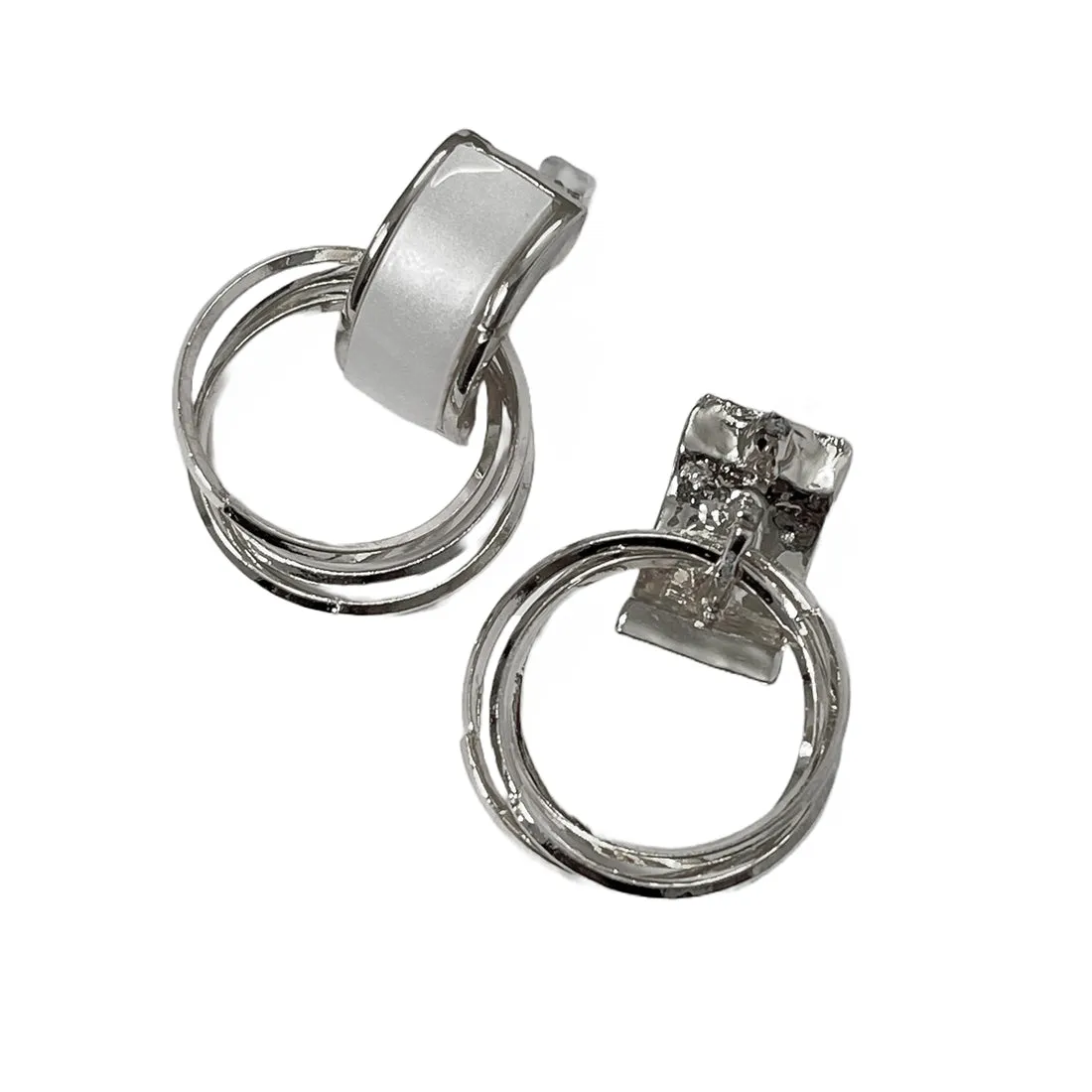 Ayesha Contemporary White Stone Stud Bar & Silver-Toned Metallic Circular Drop Earrings