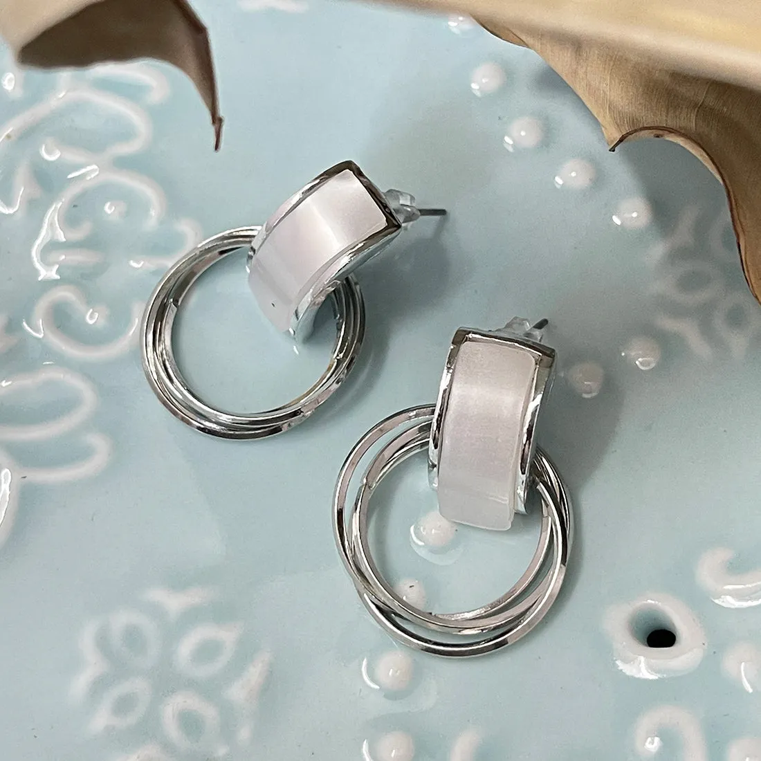 Ayesha Contemporary White Stone Stud Bar & Silver-Toned Metallic Circular Drop Earrings