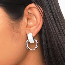 Ayesha Contemporary White Stone Stud Bar & Silver-Toned Metallic Circular Drop Earrings