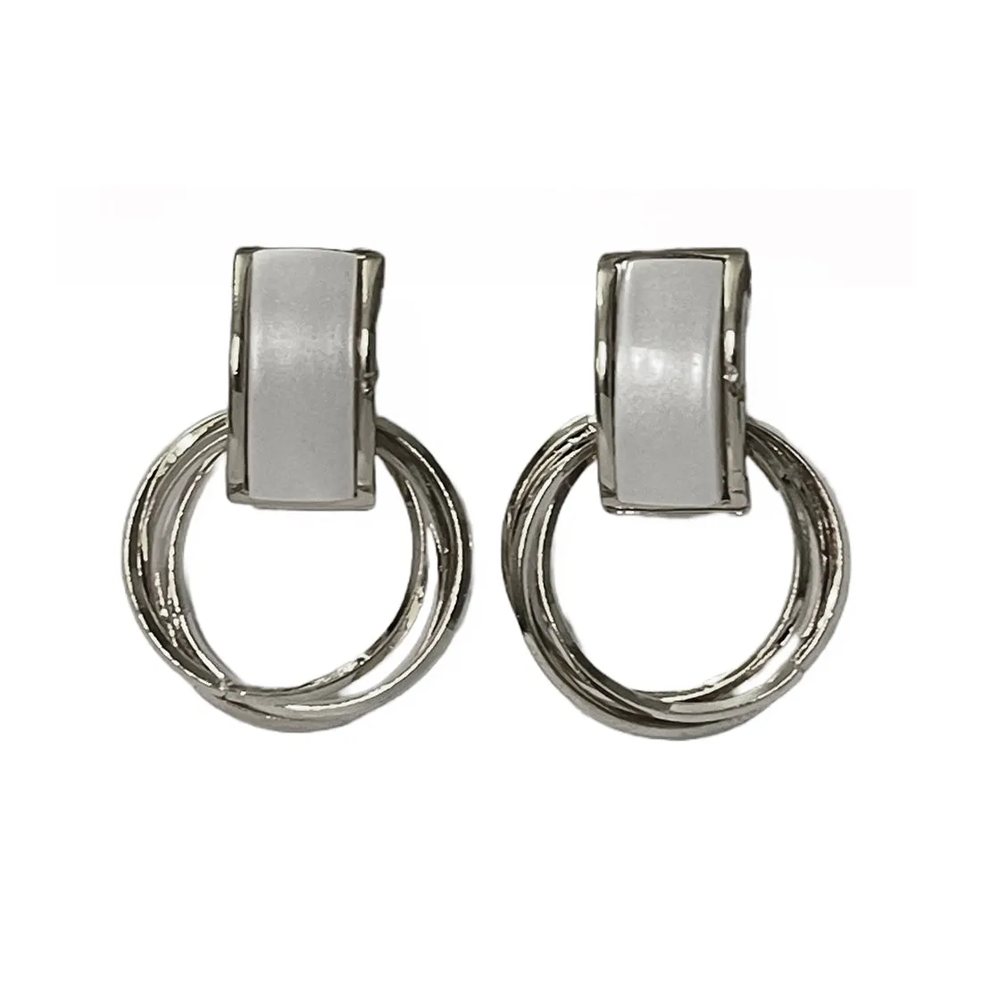 Ayesha Contemporary White Stone Stud Bar & Silver-Toned Metallic Circular Drop Earrings