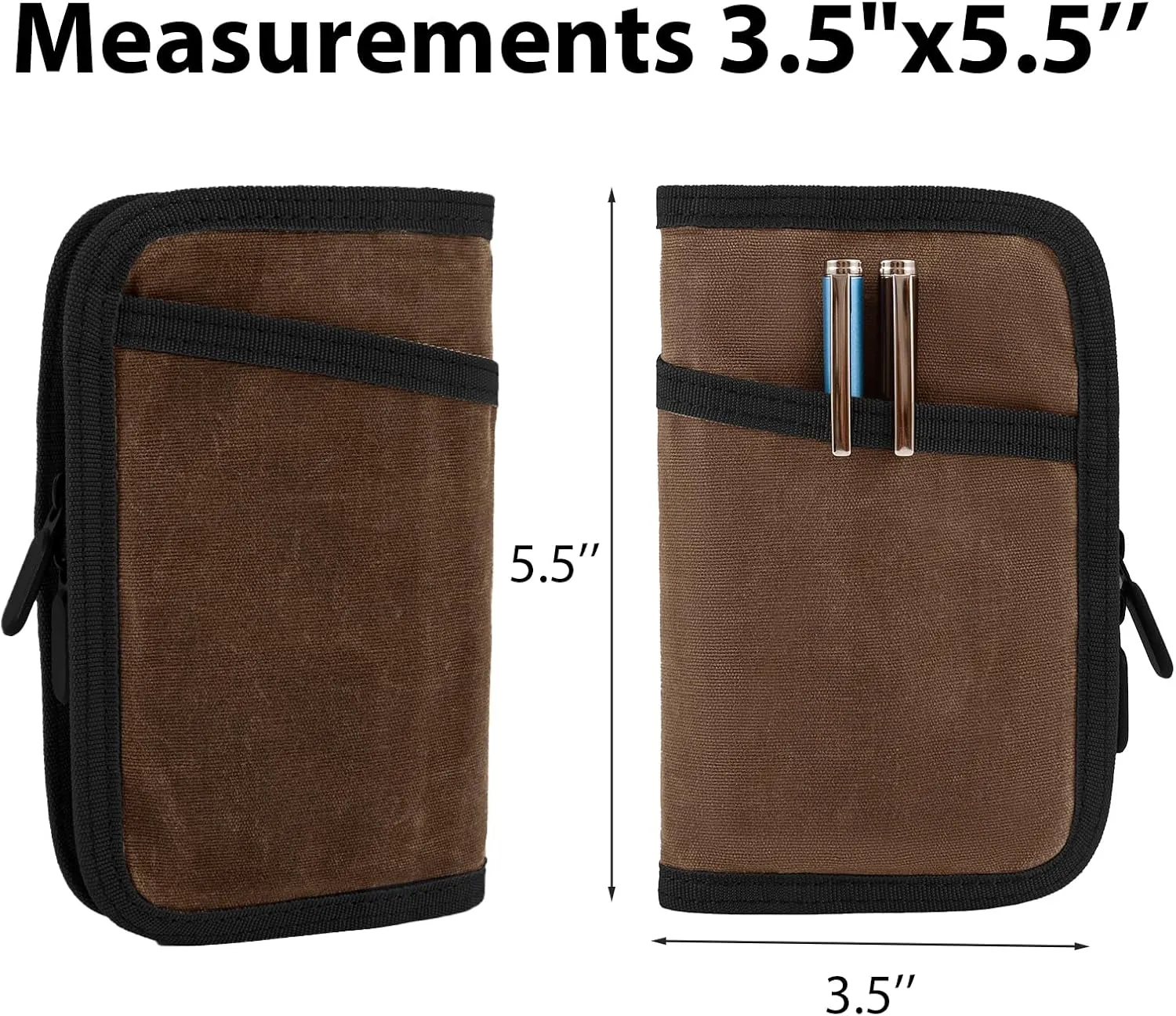 Baizoy Field Notes Notebooks Cover for 3.5 X 5.5 Inch Pocket Notebook Covers With Zipper Pen Holder,Water Resistant Journal Notebook Planner, Classy Waxed Canvas EDC Wallet (Dark Brown)