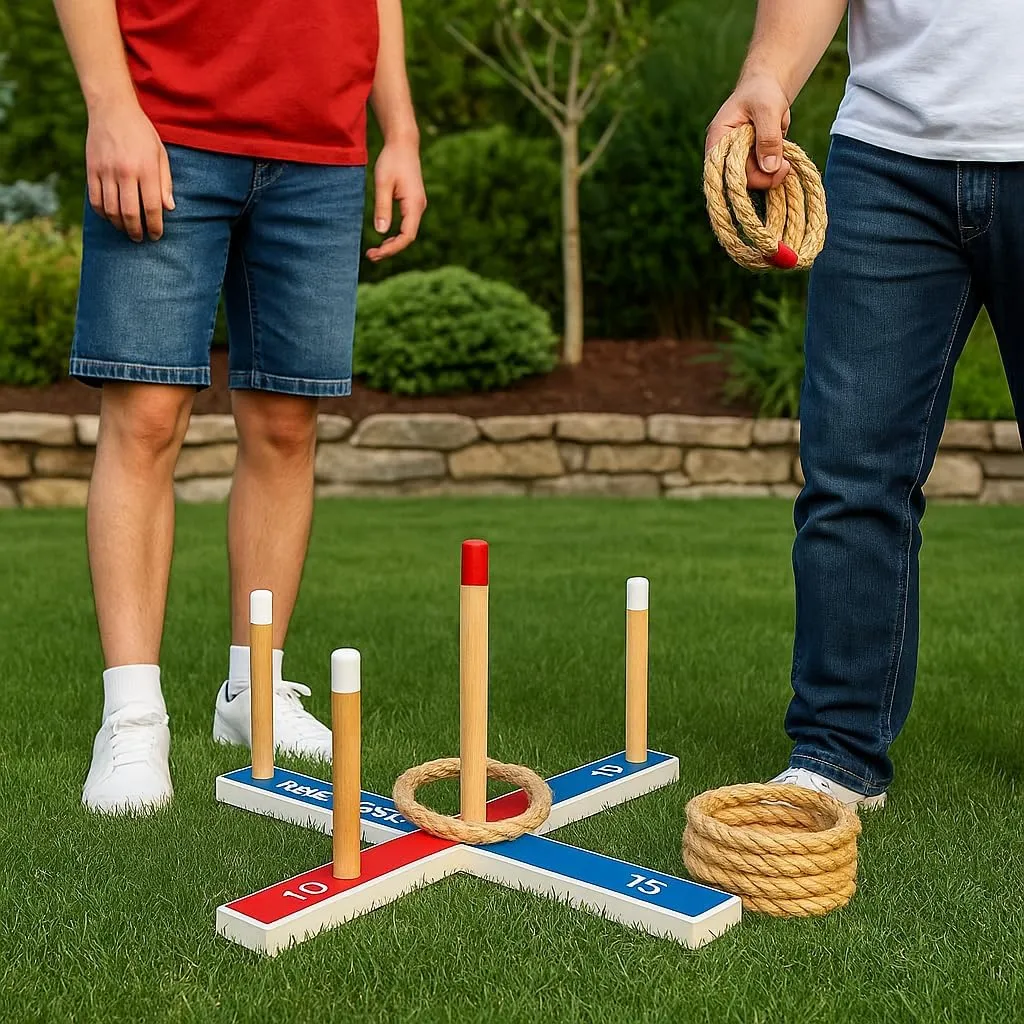 Bolaball Outdoor Game Set Including 45 Giant Tumbling Blocks, 28 Giant Dominoes, and 6 Giant Dice, Giant Outdoor Games for Family Fun (Ring Toss)