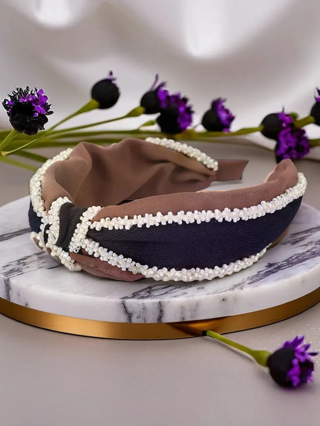 Brown Fabric & Pearls Modest Pearl Headband