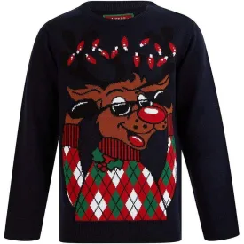 Christmas Argyile Holly Novelty Junior Christmas Jumper - Navy