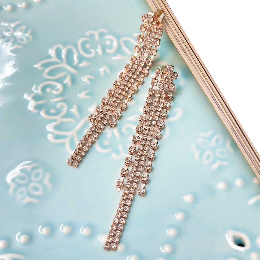 Contemporary White Diamante Crystal Studded Rose Gold-Toned Long Tassel Drop Earrings