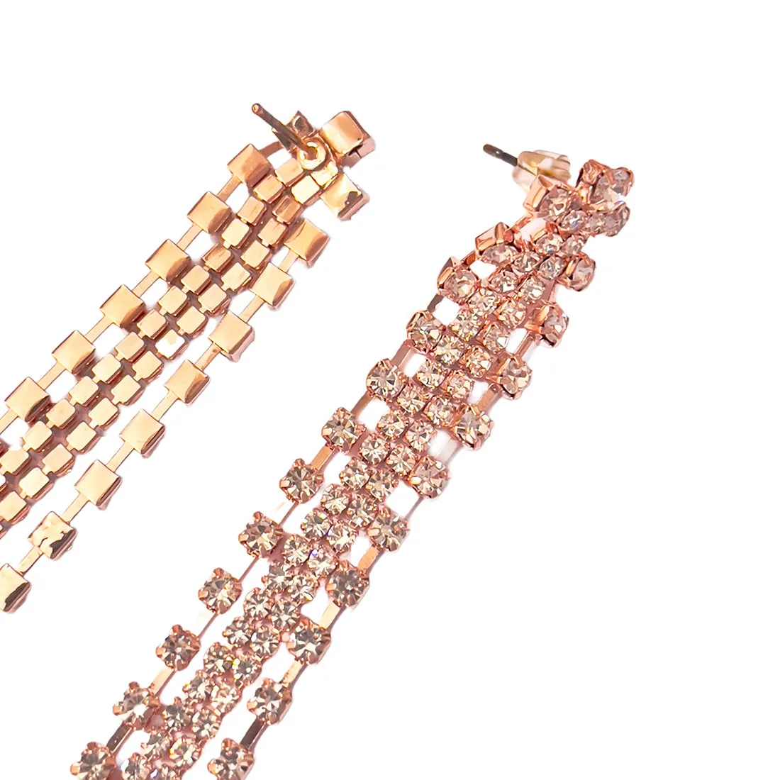 Contemporary White Diamante Crystal Studded Rose Gold-Toned Long Tassel Drop Earrings
