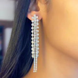 Contemporary White Diamante Crystal Studded Rose Gold-Toned Long Tassel Drop Earrings