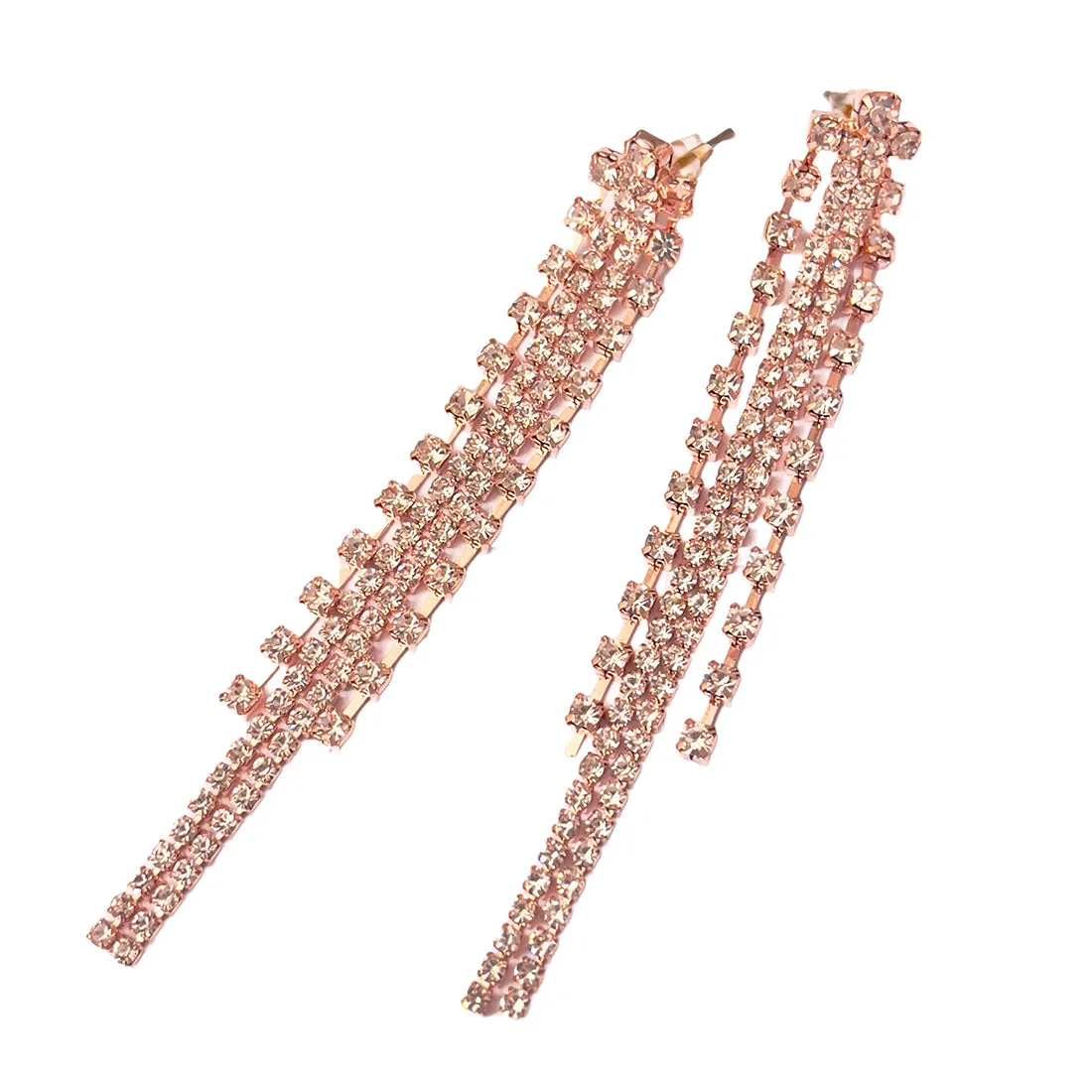Contemporary White Diamante Crystal Studded Rose Gold-Toned Long Tassel Drop Earrings