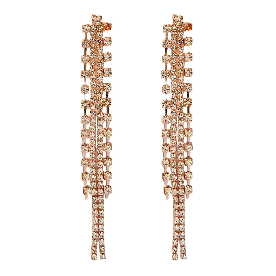 Contemporary White Diamante Crystal Studded Rose Gold-Toned Long Tassel Drop Earrings