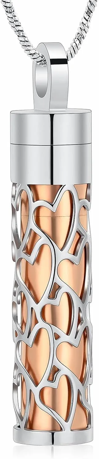 Cylinder Bar Memorial Ashes Necklaces Cremation Jewelry Hollow-Heart and Heart Stainless Steel Urn Necklace for Ashes Keepsake Pendant with Men Women Gifts