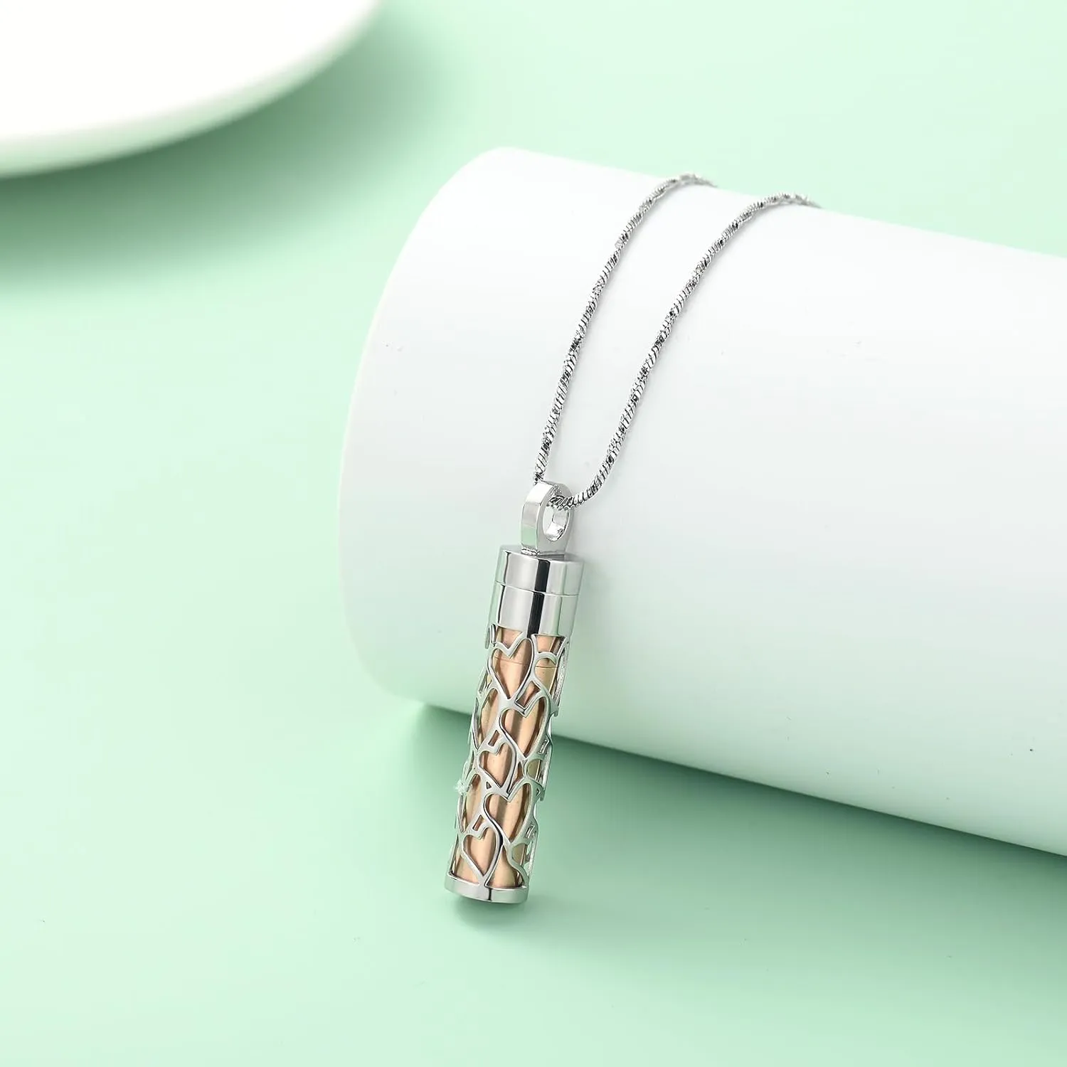 Cylinder Bar Memorial Ashes Necklaces Cremation Jewelry Hollow-Heart and Heart Stainless Steel Urn Necklace for Ashes Keepsake Pendant with Men Women Gifts