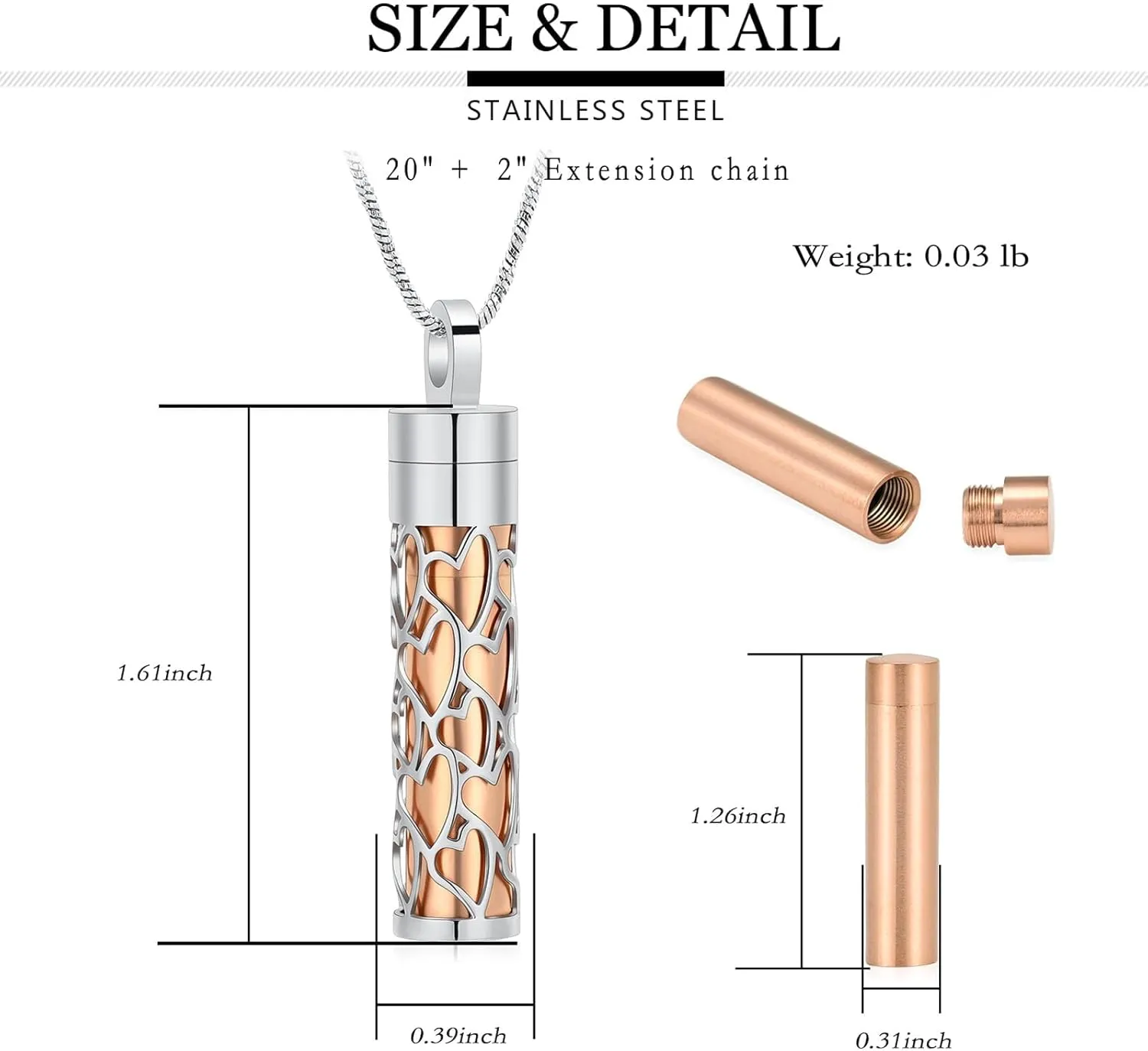 Cylinder Bar Memorial Ashes Necklaces Cremation Jewelry Hollow-Heart and Heart Stainless Steel Urn Necklace for Ashes Keepsake Pendant with Men Women Gifts