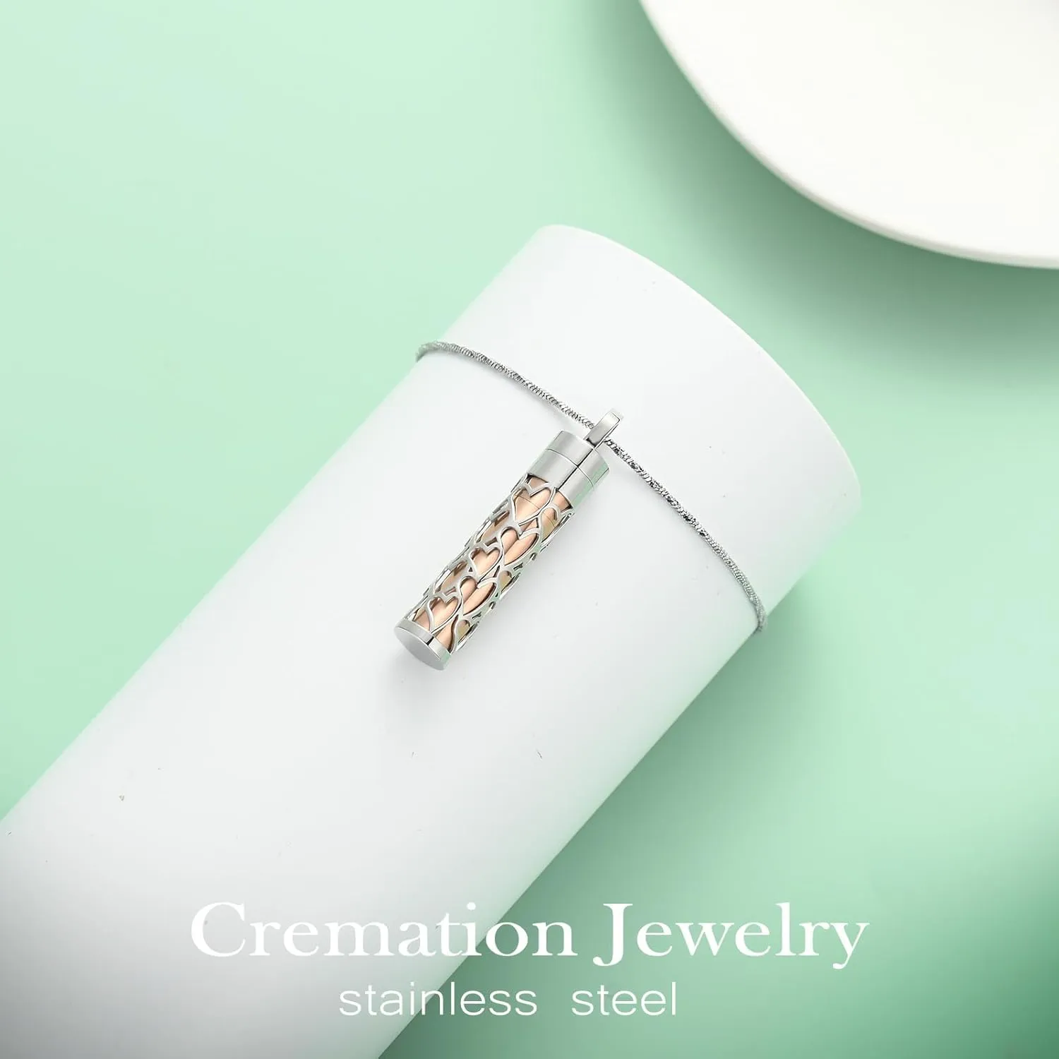 Cylinder Bar Memorial Ashes Necklaces Cremation Jewelry Hollow-Heart and Heart Stainless Steel Urn Necklace for Ashes Keepsake Pendant with Men Women Gifts