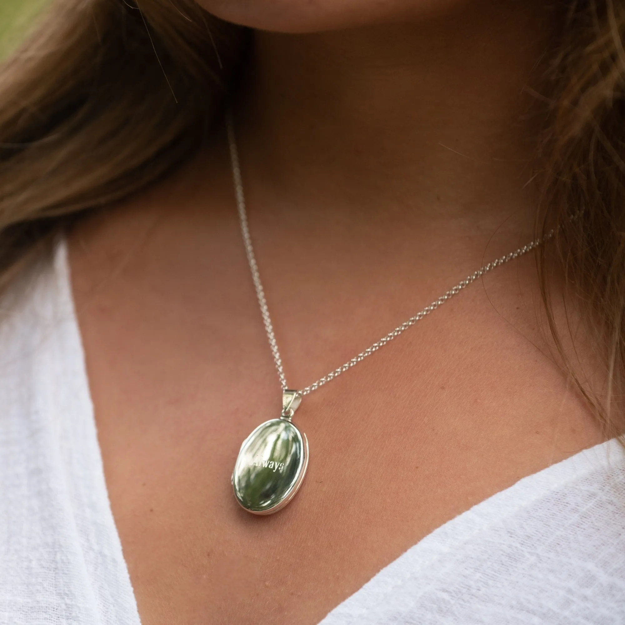 Engraved Silver Oval Locket Necklace
