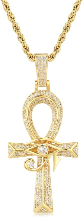 Eye of Horus Ankh Cross Pendant Necklace 18K White Gold Plated Iced Out CZ Ancient Egyptian Religious Symbol Protection Chain Jewelry for Men Women Christmas Birthday Gift