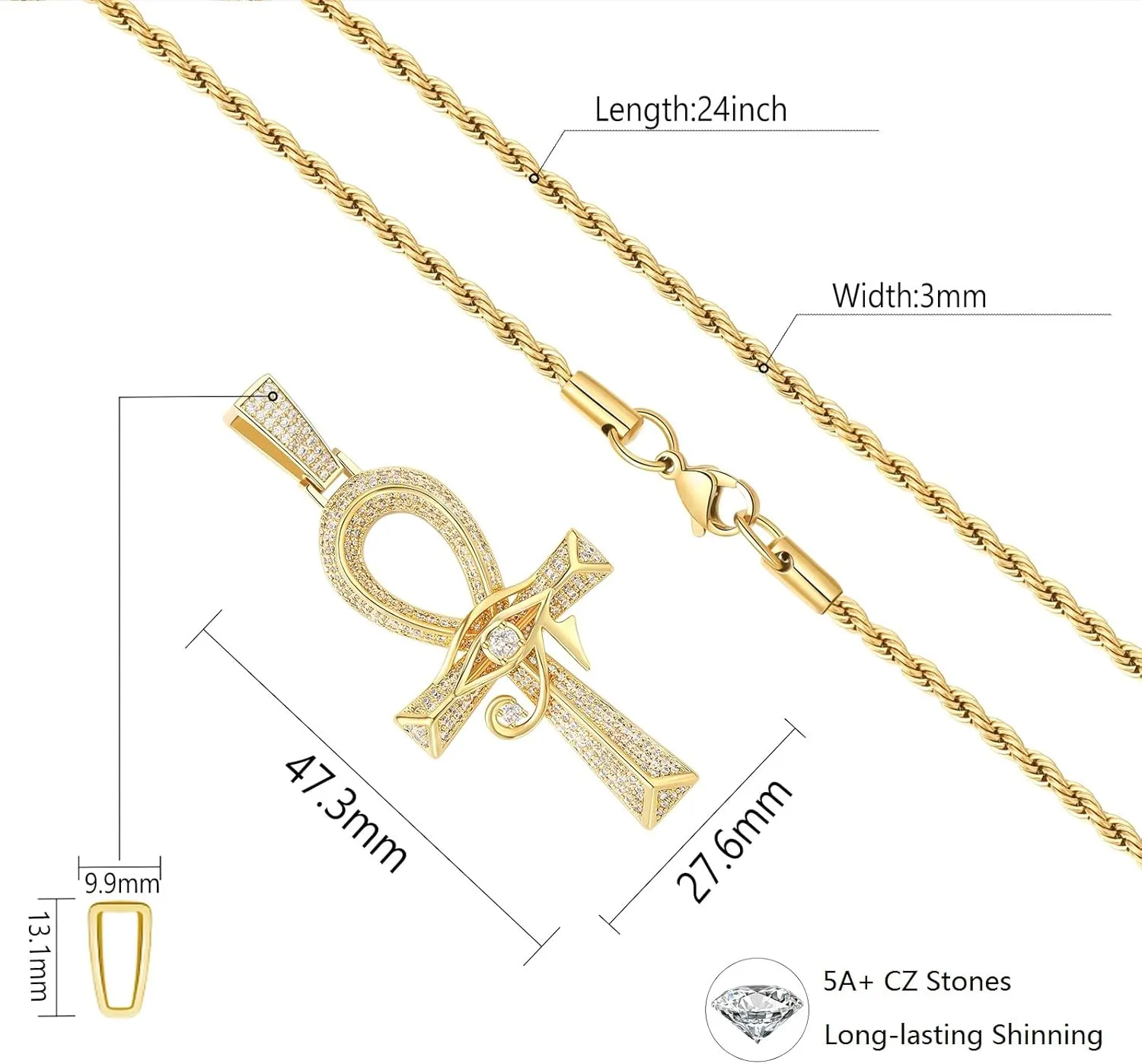 Eye of Horus Ankh Cross Pendant Necklace 18K White Gold Plated Iced Out CZ Ancient Egyptian Religious Symbol Protection Chain Jewelry for Men Women Christmas Birthday Gift