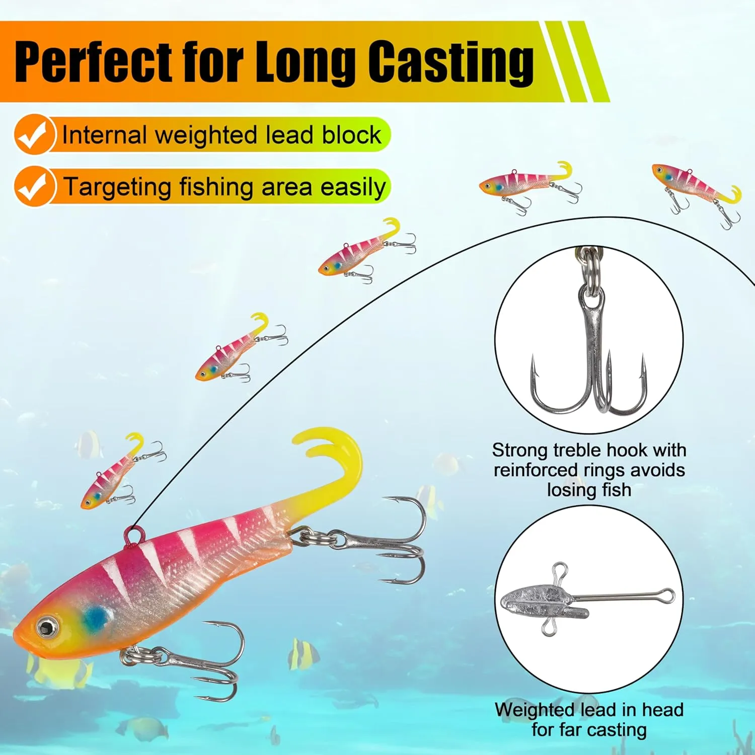 Fishing Pre-Rigged Swimbaits Kit, VIB Lure Saltwater Freshwater Lipless Crankbait with Treble Hooks for Bass Trout Catfish Pike Walleye