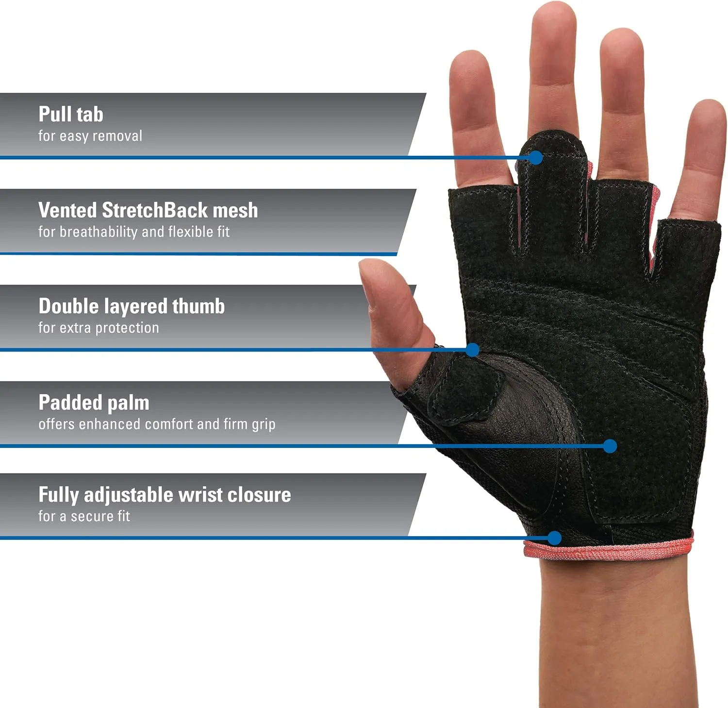 Harbinger Power Gloves, Womens (Black) - Double-Stitched, Genuine Leather Padded Palm & Reinforced Seams - Easy On/Off Wrist & Finger Pull Tabs - Adjustable Closure - Half-Finger, Breathable Design