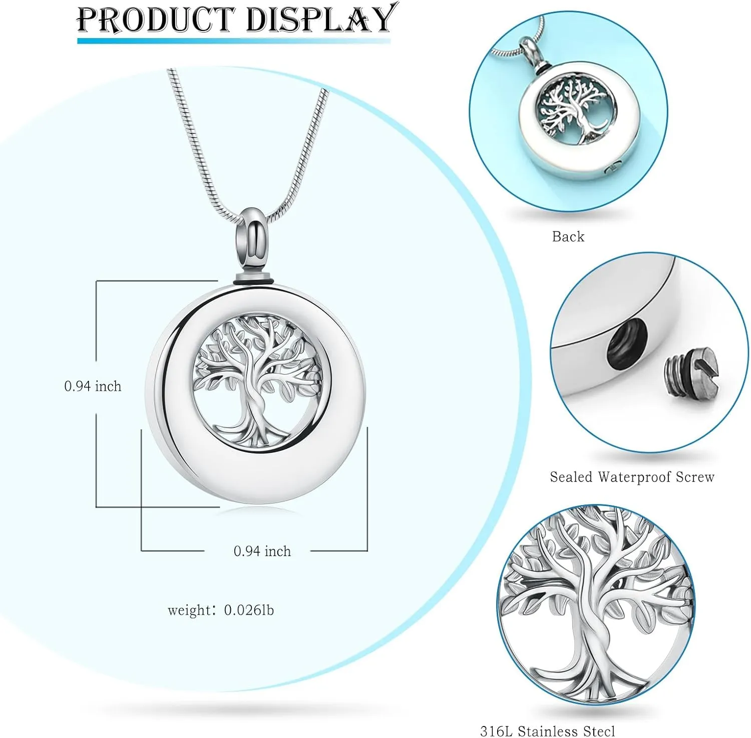 Hearbeingt Tree of Life Urn Necklace for Ashes for Men Women Cremation Jewelry Circle Ashes Necklace Pendent Stainless Steel Keepsake Memorial Urn Lockets