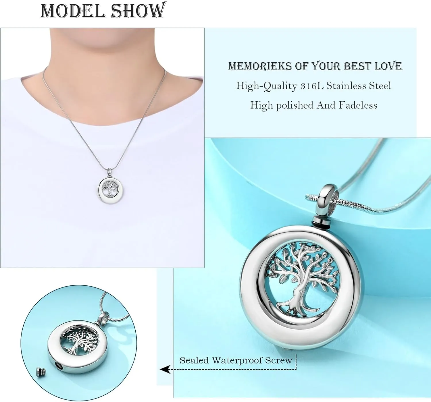 Hearbeingt Tree of Life Urn Necklace for Ashes for Men Women Cremation Jewelry Circle Ashes Necklace Pendent Stainless Steel Keepsake Memorial Urn Lockets