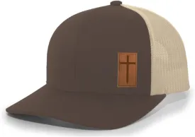 Heritage Pride Men's Christian Cross Worship Prayer God Laser Engraved Leather Patch Mesh Back Trucker Hat