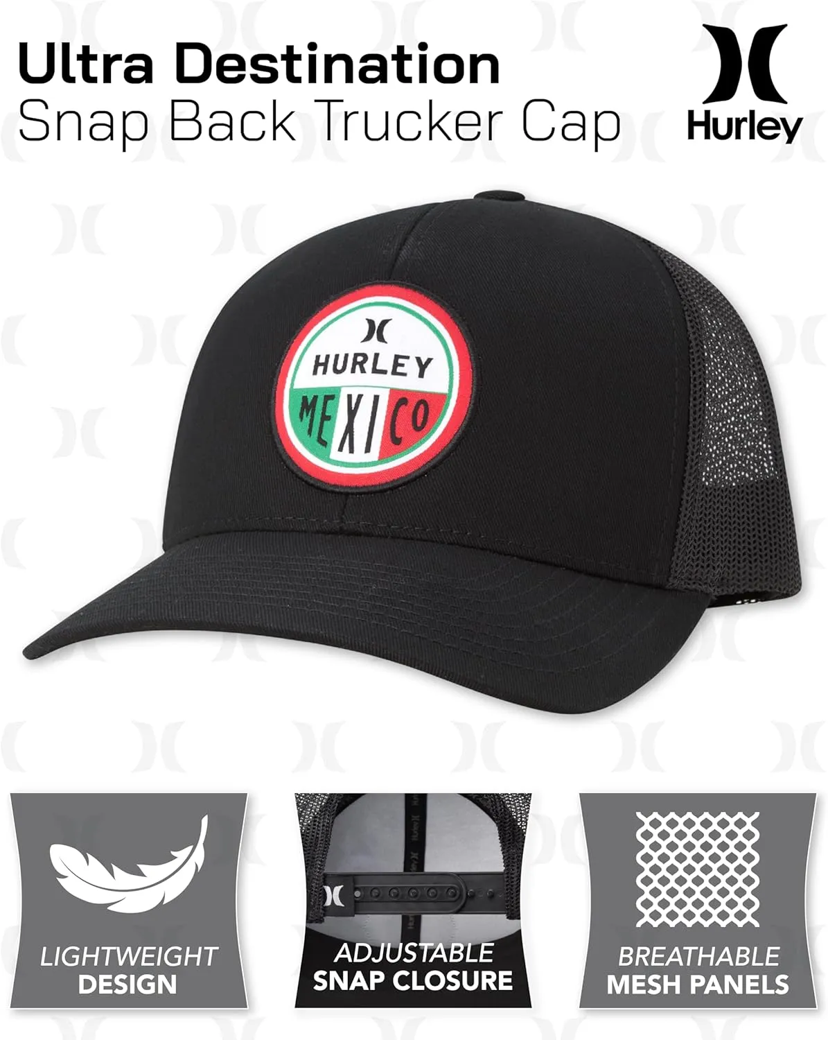 Hurley Men??s Trucker Hat - Flat Brim Mesh Baseball Cap and Hats for Men with Adjustable Snapback Closure