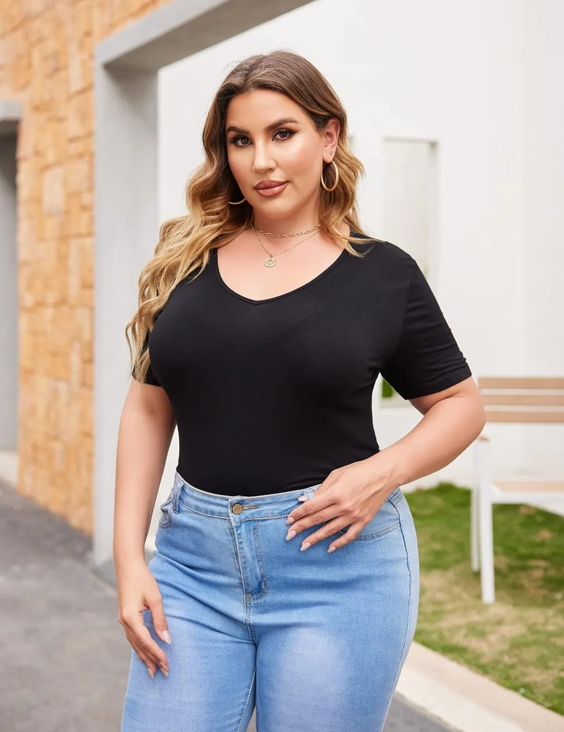 IN'VOLAND Women's Bodysuit Plus Size Short Sleeve Scoop Neck Bodysuit Basic Top T Shirt Leotards Jumpsuits