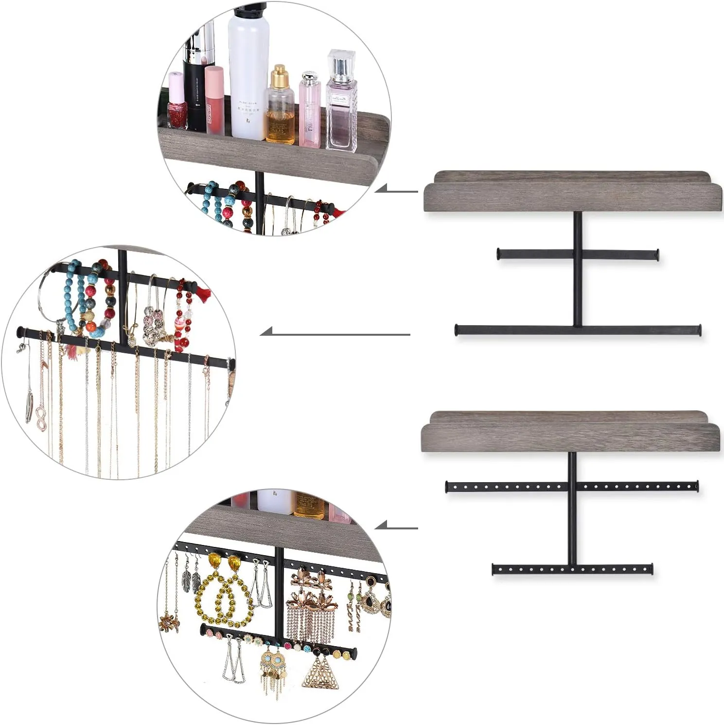 Keebofly Hanging Wall Mounted Jewelry Organizer with Rustic Wood Jewelry Holder Display for Necklaces Bracelet Earrings Ring Set of 2 Weathered Grey,[Patented]