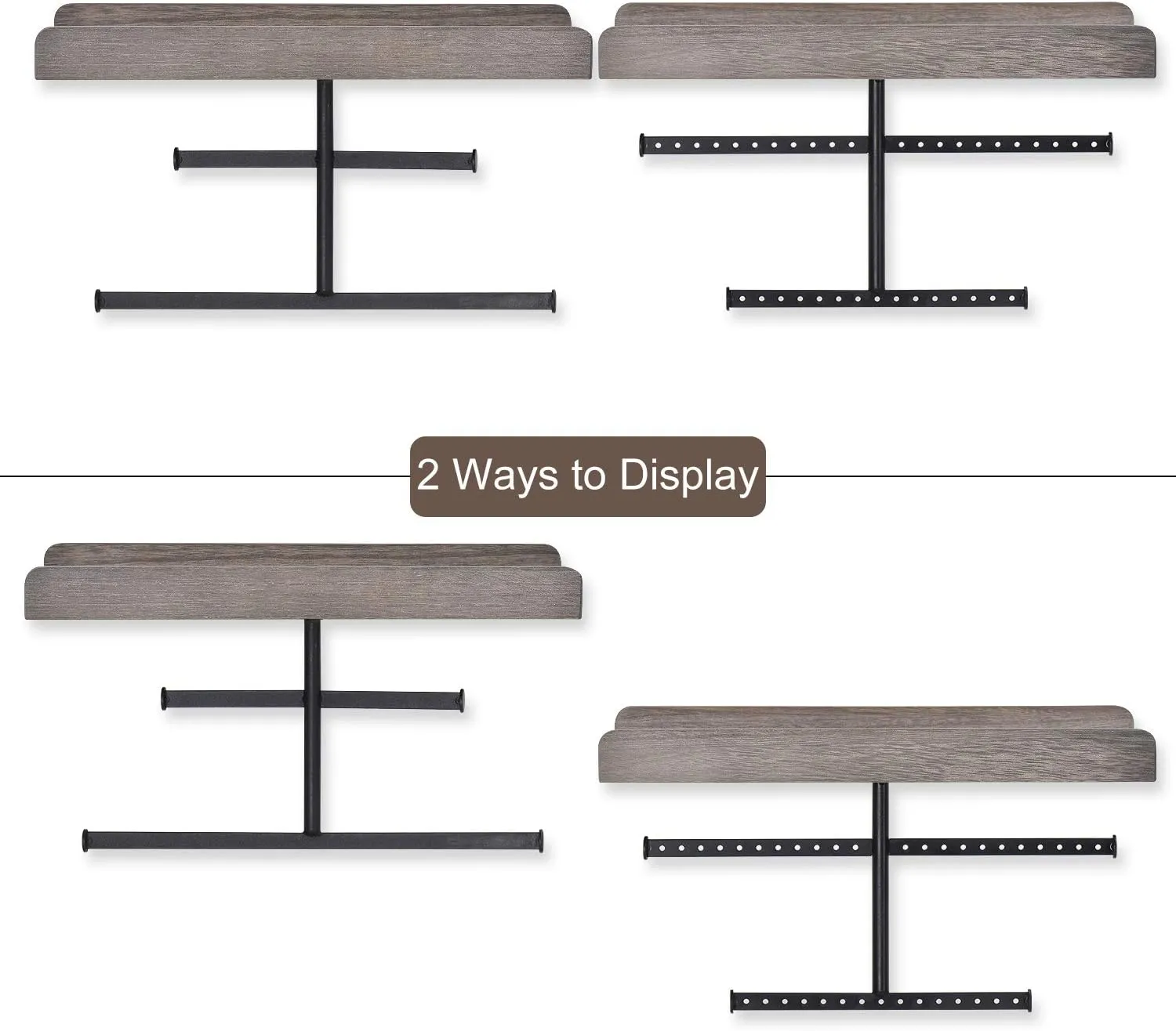 Keebofly Hanging Wall Mounted Jewelry Organizer with Rustic Wood Jewelry Holder Display for Necklaces Bracelet Earrings Ring Set of 2 Weathered Grey,[Patented]