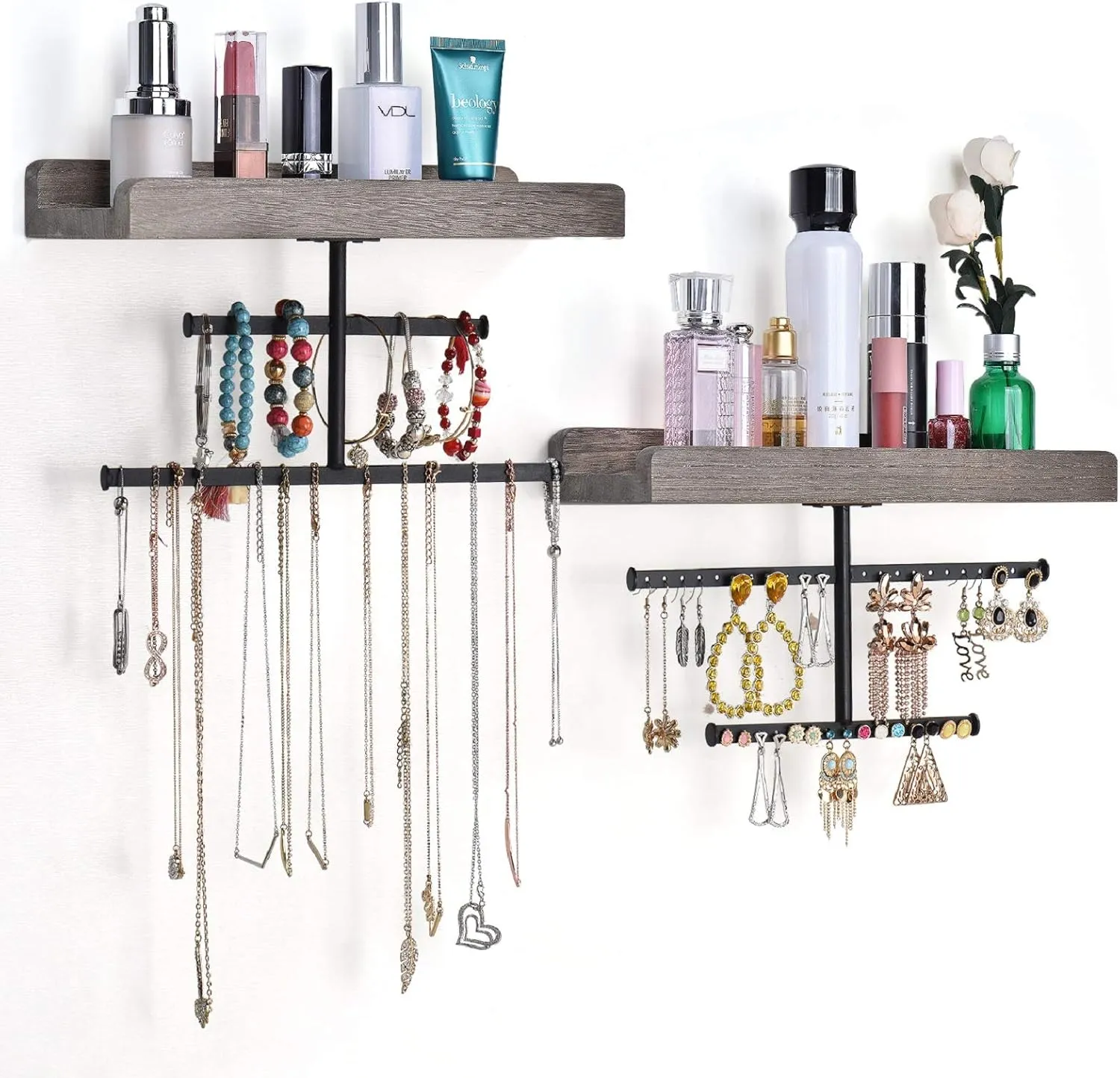 Keebofly Hanging Wall Mounted Jewelry Organizer with Rustic Wood Jewelry Holder Display for Necklaces Bracelet Earrings Ring Set of 2 Weathered Grey,[Patented]