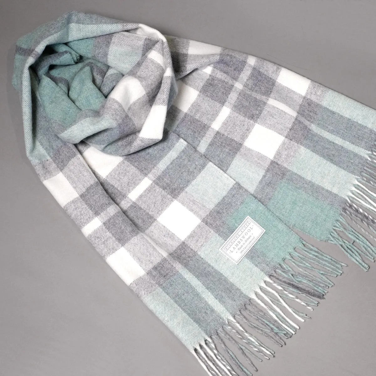 Lambswool Shawl in White Mint and Grey Check