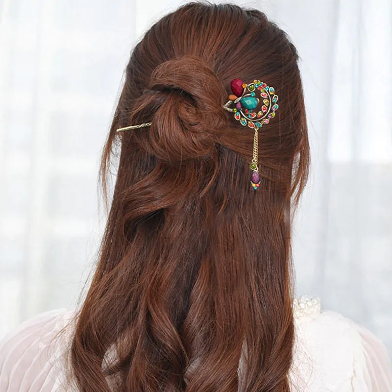 New Fashion Colorful Women Retro Crystal Butterfly Flower Hairpins Hair Stick Hair Clip
