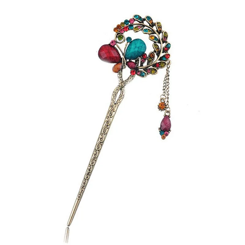 New Fashion Colorful Women Retro Crystal Butterfly Flower Hairpins Hair Stick Hair Clip