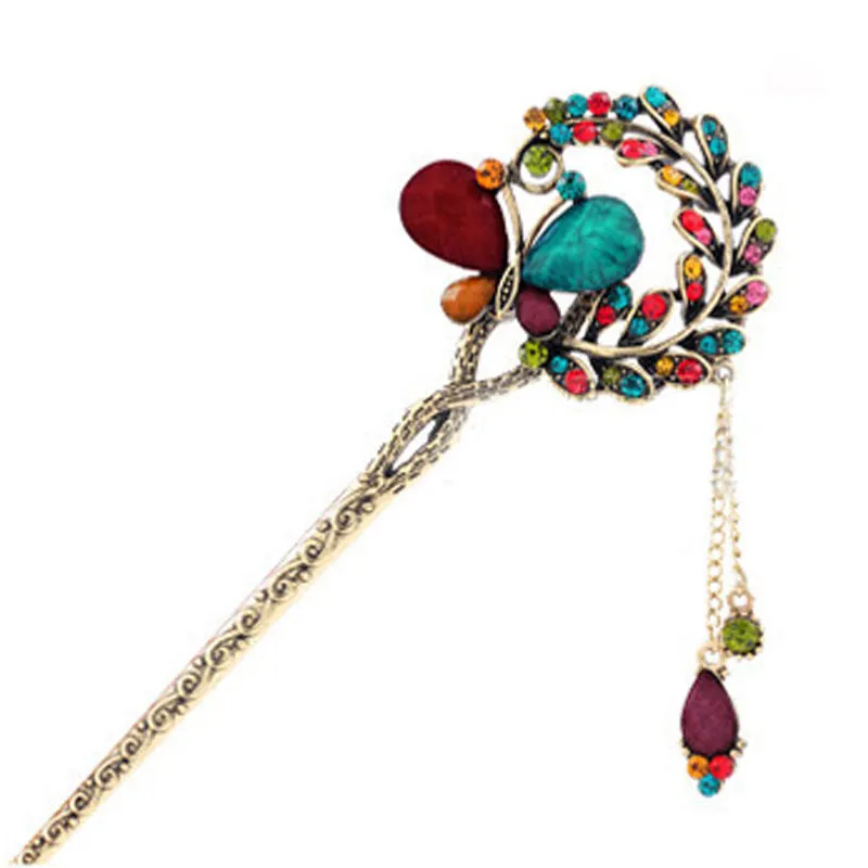 New Fashion Colorful Women Retro Crystal Butterfly Flower Hairpins Hair Stick Hair Clip
