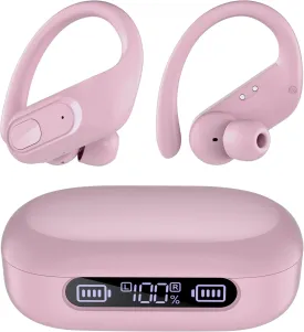 occiam Wireless Earbuds Bluetooth Headphones Ear Buds 96Hrs Playback Sport Over-Ear Waterproof Wireless Headphones Earphones with Earhooks ENC Mics Clear Call for Sport Running Workout Dusty Pink