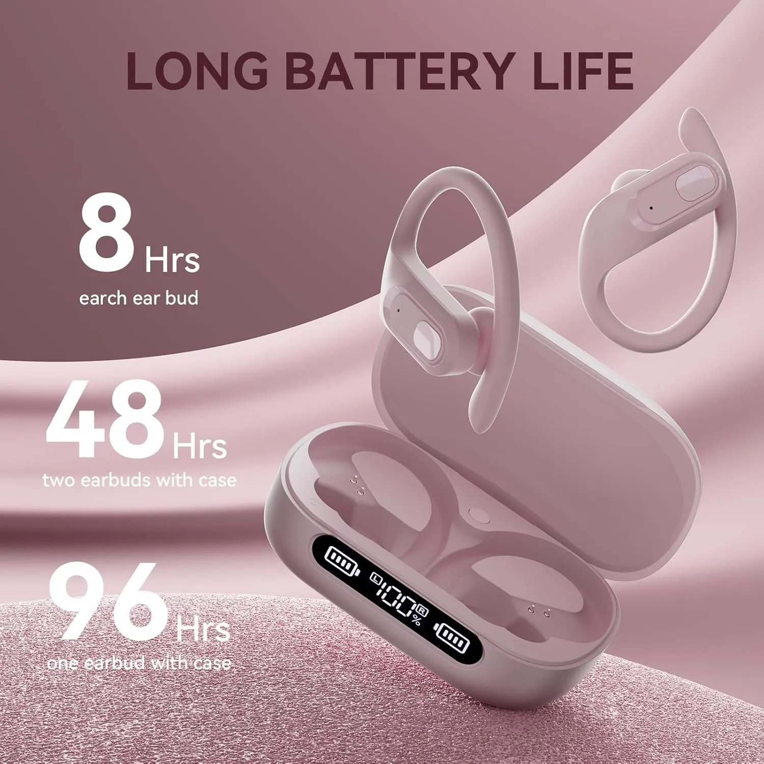 occiam Wireless Earbuds Bluetooth Headphones Ear Buds 96Hrs Playback Sport Over-Ear Waterproof Wireless Headphones Earphones with Earhooks ENC Mics Clear Call for Sport Running Workout Dusty Pink
