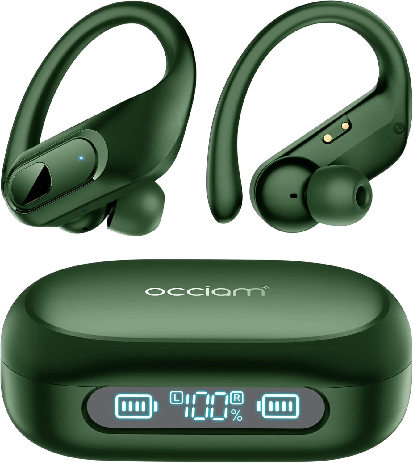 occiam Wireless Earbuds Bluetooth Headphones Ear Buds 96Hrs Playback Sport Over-Ear Waterproof Wireless Headphones Earphones with Earhooks ENC Mics Clear Call for Sport Running Workout Green