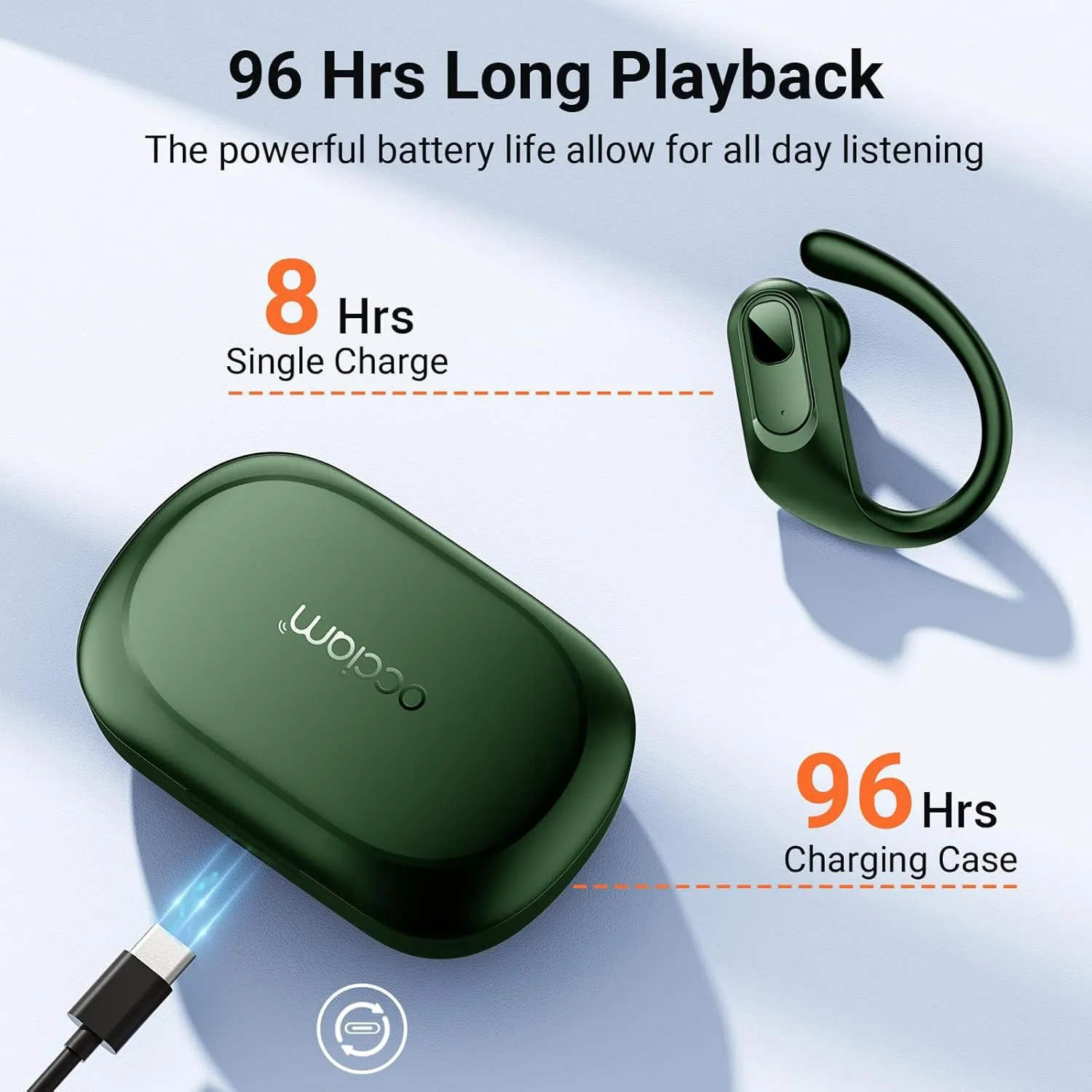 occiam Wireless Earbuds Bluetooth Headphones Ear Buds 96Hrs Playback Sport Over-Ear Waterproof Wireless Headphones Earphones with Earhooks ENC Mics Clear Call for Sport Running Workout Green