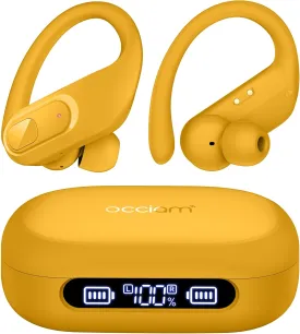 occiam Wireless Earbuds Bluetooth Headphones Ear Buds 96Hrs Playback Sport Over-Ear Waterproof Wireless Headphones Earphones with Earhooks ENC Mics Clear Call for Sport Running Workout Yellow