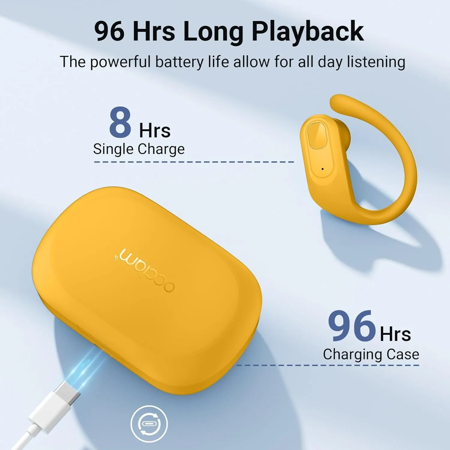 occiam Wireless Earbuds Bluetooth Headphones Ear Buds 96Hrs Playback Sport Over-Ear Waterproof Wireless Headphones Earphones with Earhooks ENC Mics Clear Call for Sport Running Workout Yellow