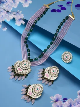 Pink Green Gold-Plated Kundan-Studded & Pearls Beaded Jewellery Set