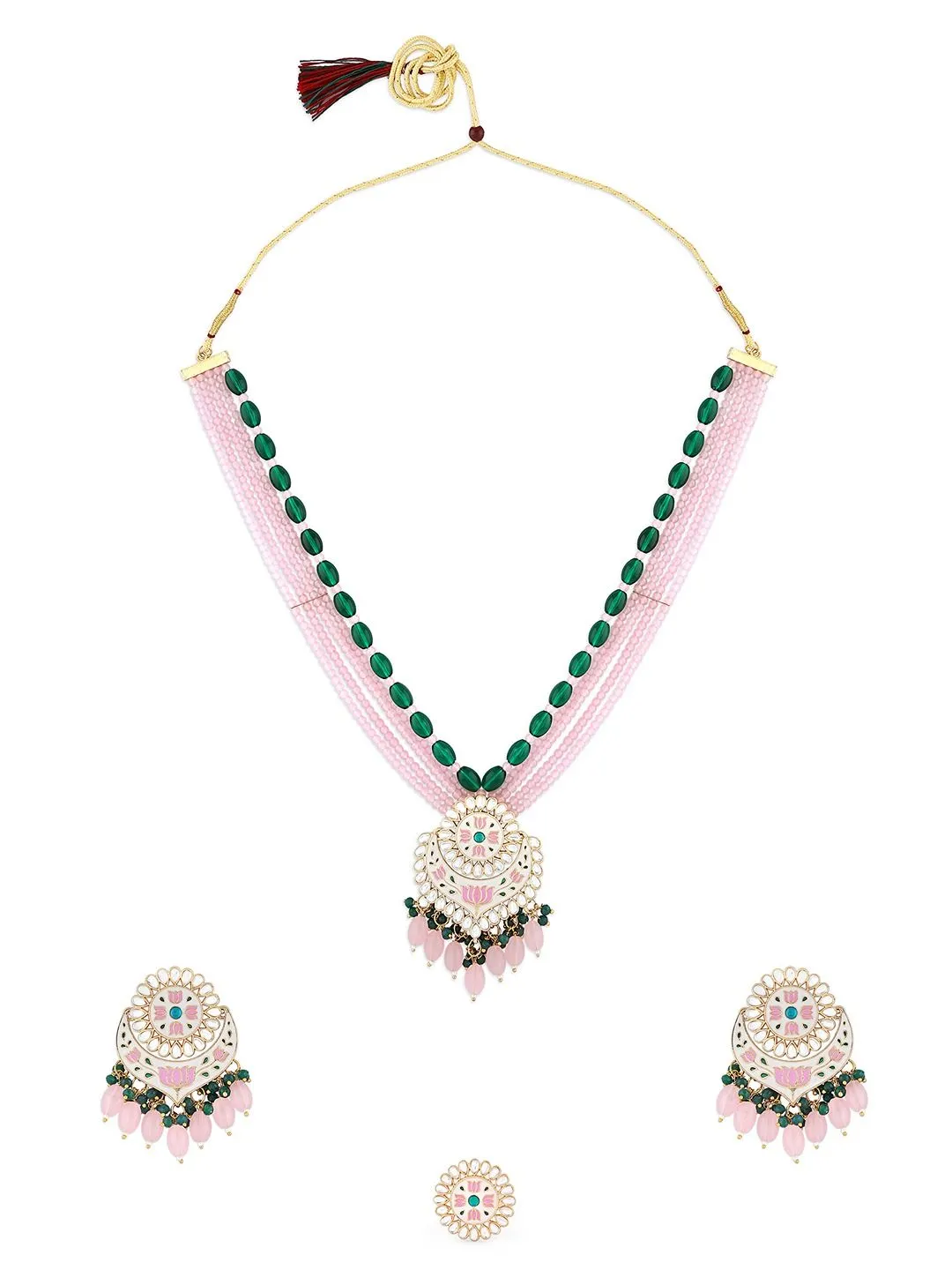 Pink Green Gold-Plated Kundan-Studded & Pearls Beaded Jewellery Set